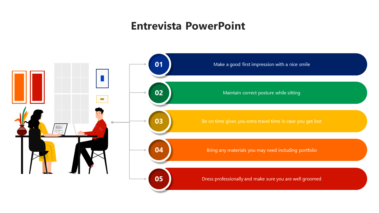 Illustration of woman and a man in a entrevista PPT slide with tips in five colorful text boxes for a successful interview.