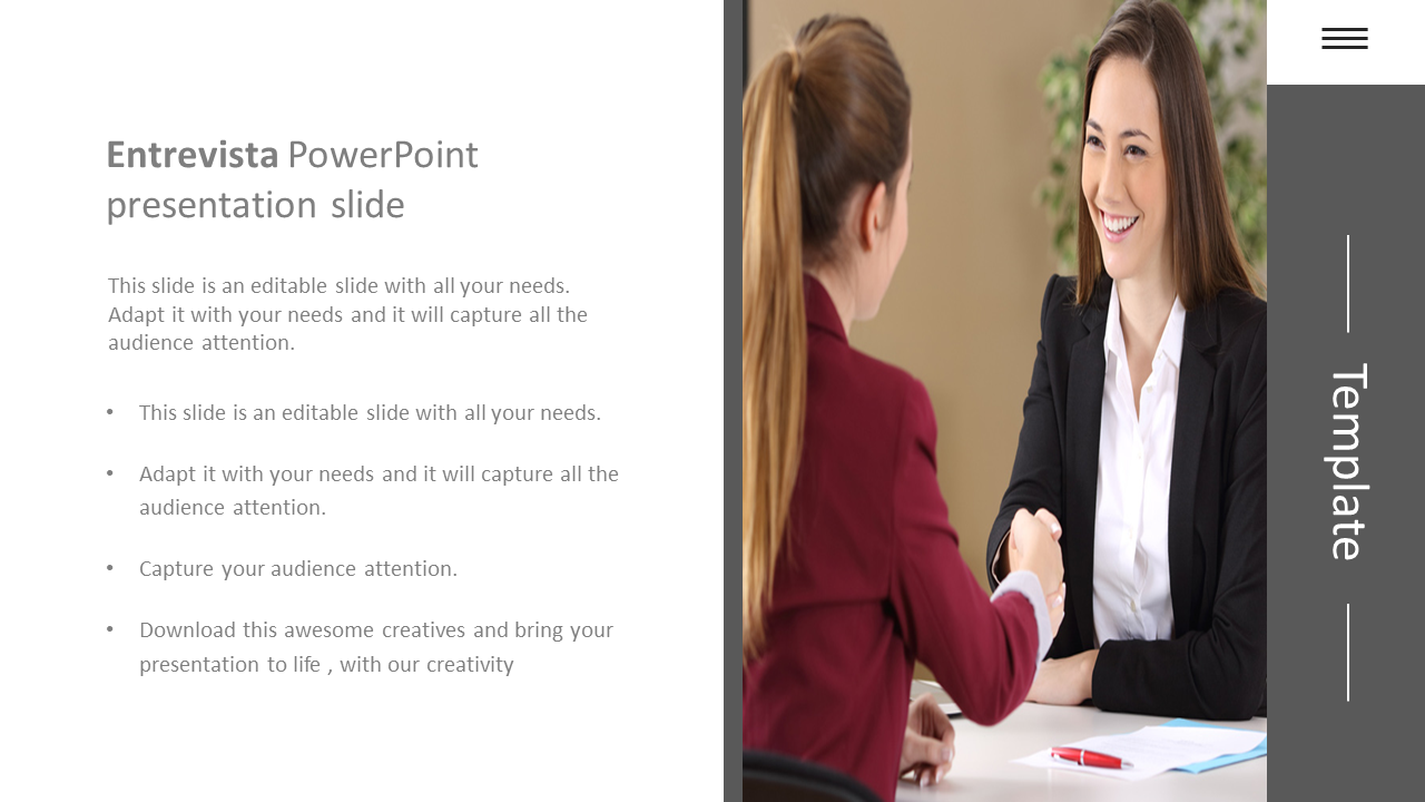 Entrevista PowerPoint presentation slide with a photo of two women in an interview setting with caption areas.