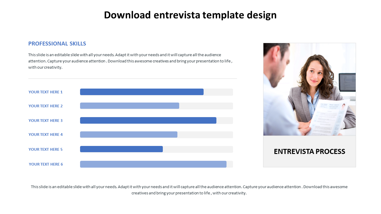 PowerPoint template for an interview process, showing a professional skills chart and a business interview photo with text.