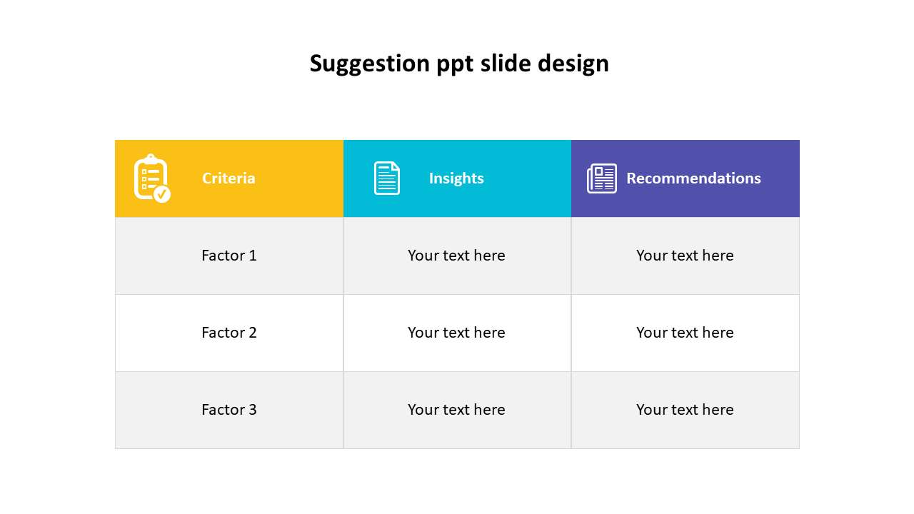 Table layout slide showcasing criteria, insights, and recommendations with placeholder text.