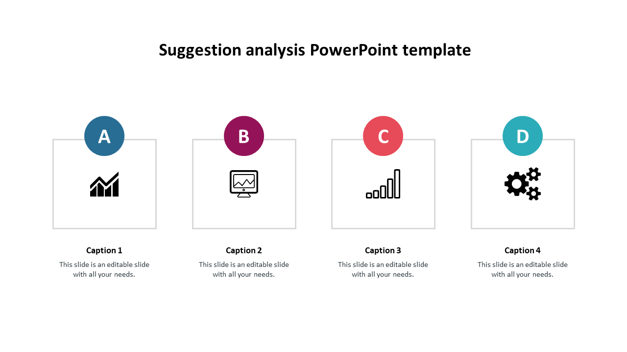 Four colored analysis circles with icons of data charts, computer screen, bar graphs, and gears, analysis with caption areas.