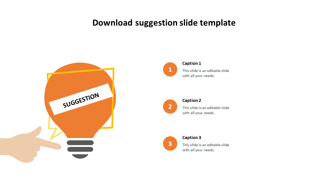 An orange light bulb with text in white, held by a hand, with three numbered captions on the right.