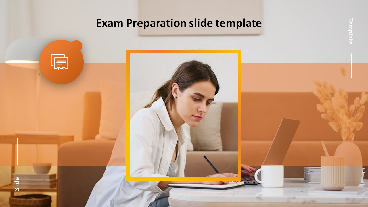 Exam preparation slide featuring a student studying at a laptop, with a focused expression, set in a cozy environment.