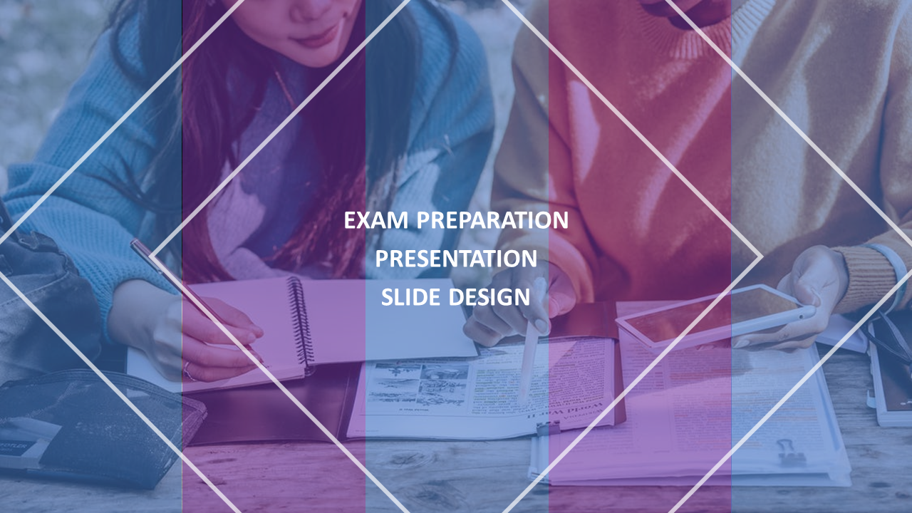 Exam preparation slide design with a tinted image of students studying, overlaid with diagonal lines and centered text.