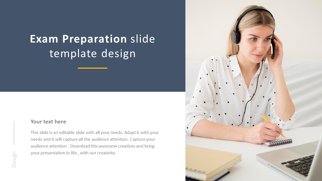 PowerPoint slide for exam preparation with a woman using a headset and writing notes with placeholder text.