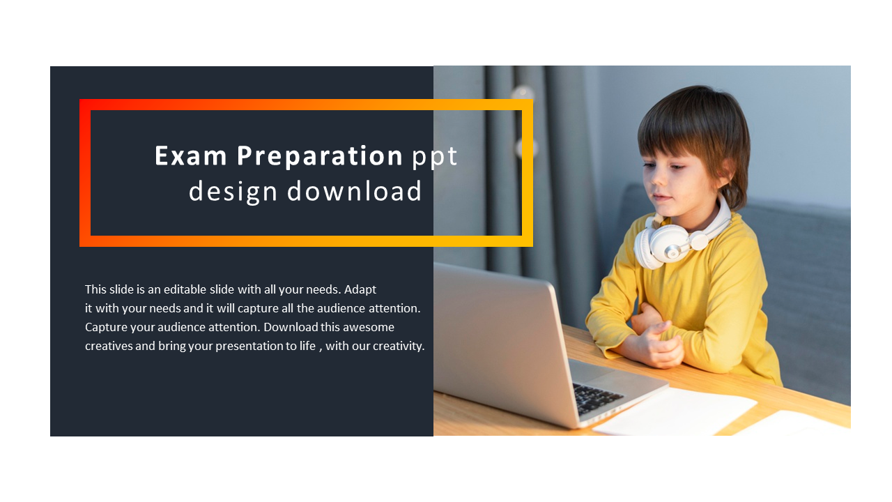 Slide design promoting exam preparation with a child using headphones while studying at a computer with placeholder text.