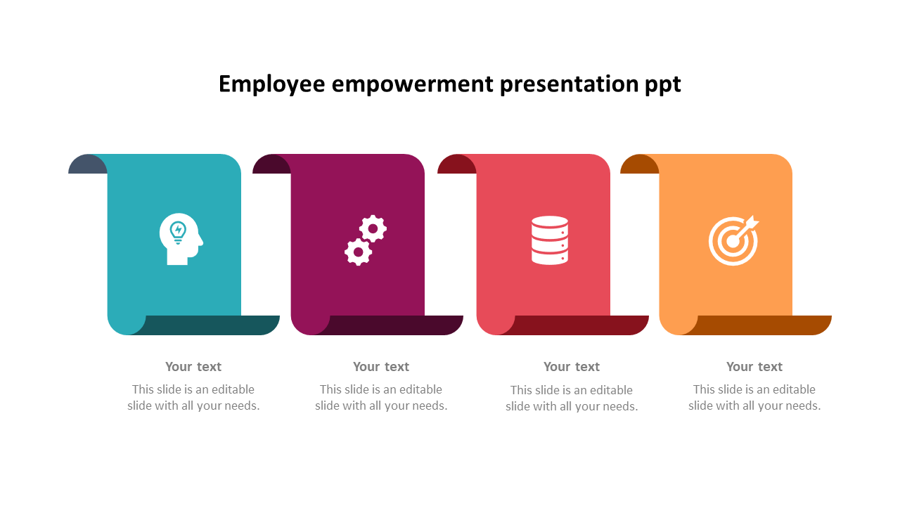 Employee empowerment slide with four colorful scrolls, each featuring an icon lightbulb, gears, database, and target.