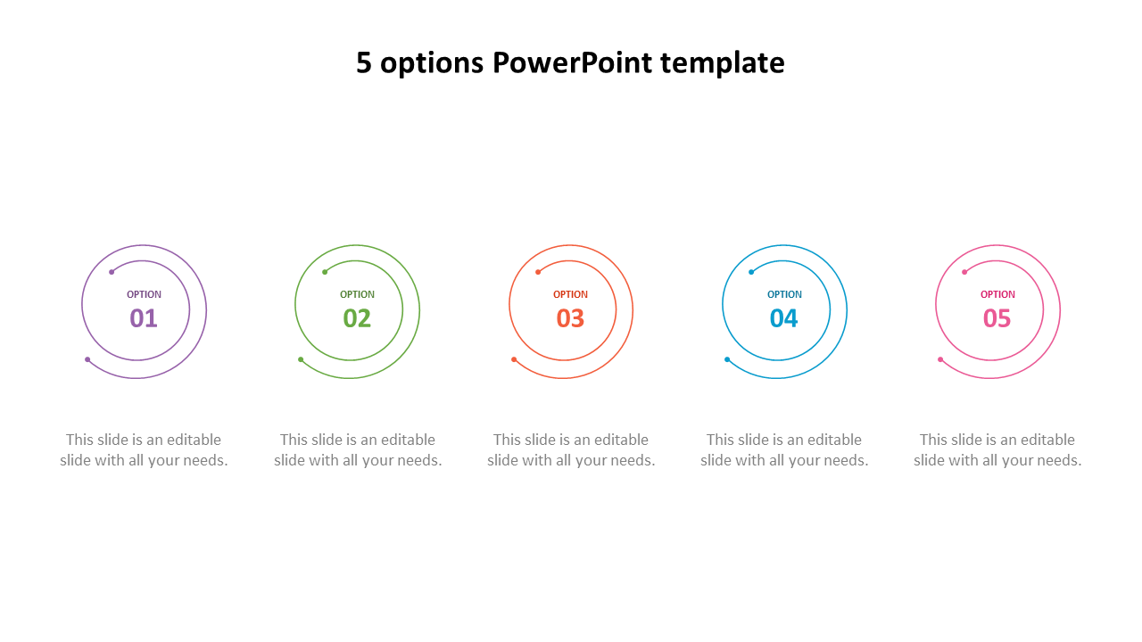 Slide featuring five colorful options, each represented by a color coded circle.