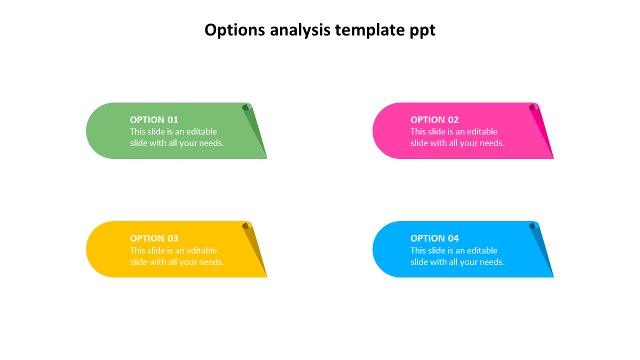 Slide featuring four colorful tabs labeled option 1 to option 4, each with text for analyzing different options.