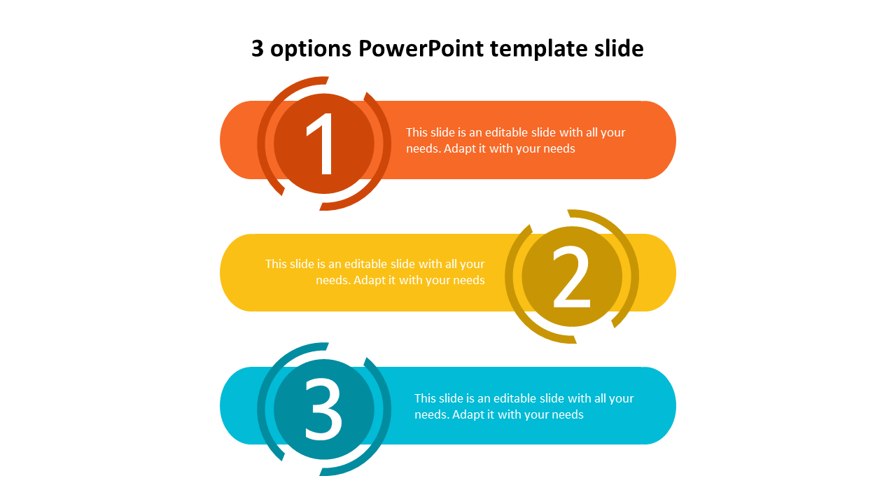 Colorful three options PowerPoint template with sections numbered 1, 2, and 3 in orange, yellow, and blue, and text areas.