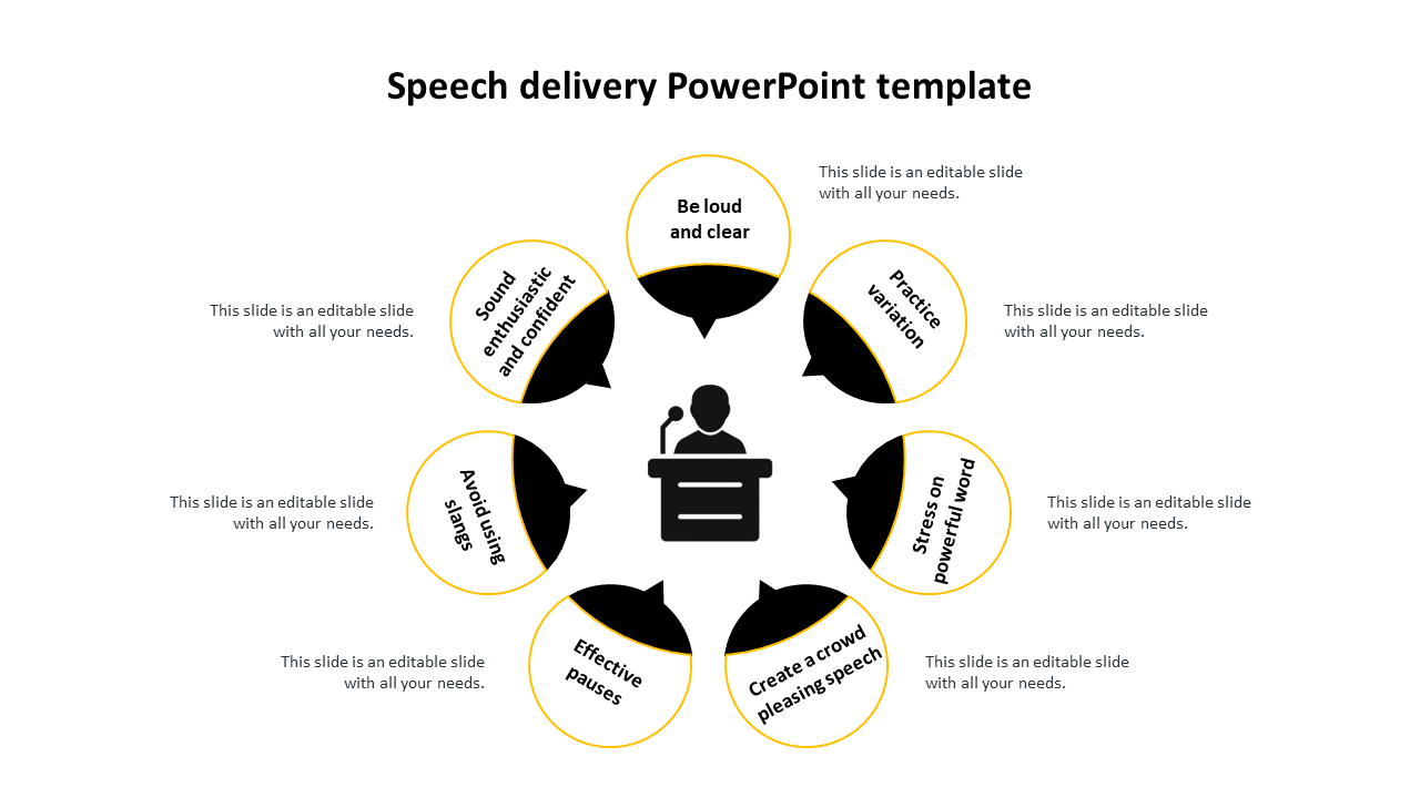 Diagram outlining key tips for effective speech delivery in a PowerPoint template, featuring a central figure at a podium.