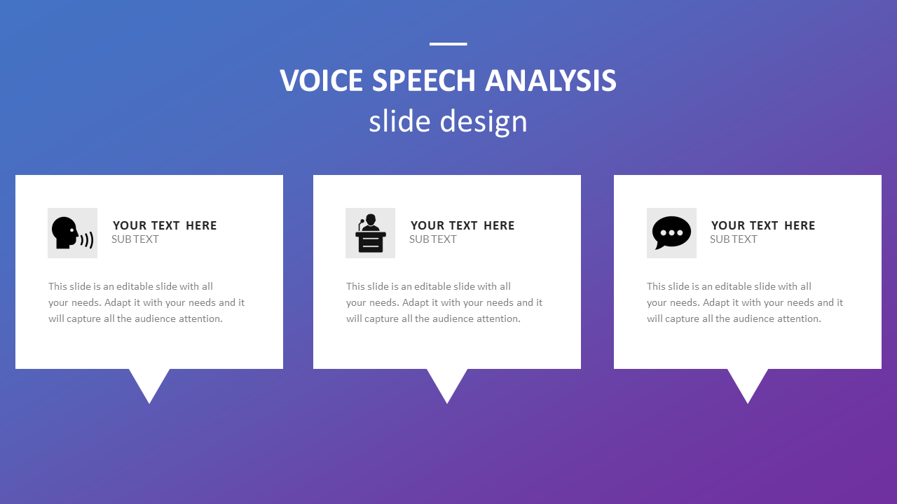 Voice speech analysis slide with three text boxes and icons for speaking, presenting, and messaging on a blue background.