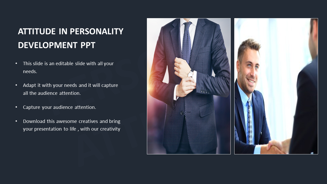 Professional presentation slide on personality development featuring images of business people with placeholder text.