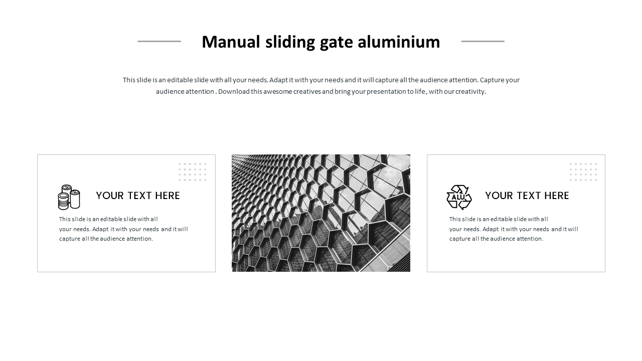 PowerPoint slide with a design for a manual sliding gate aluminum, featuring text sections and a geometric pattern.