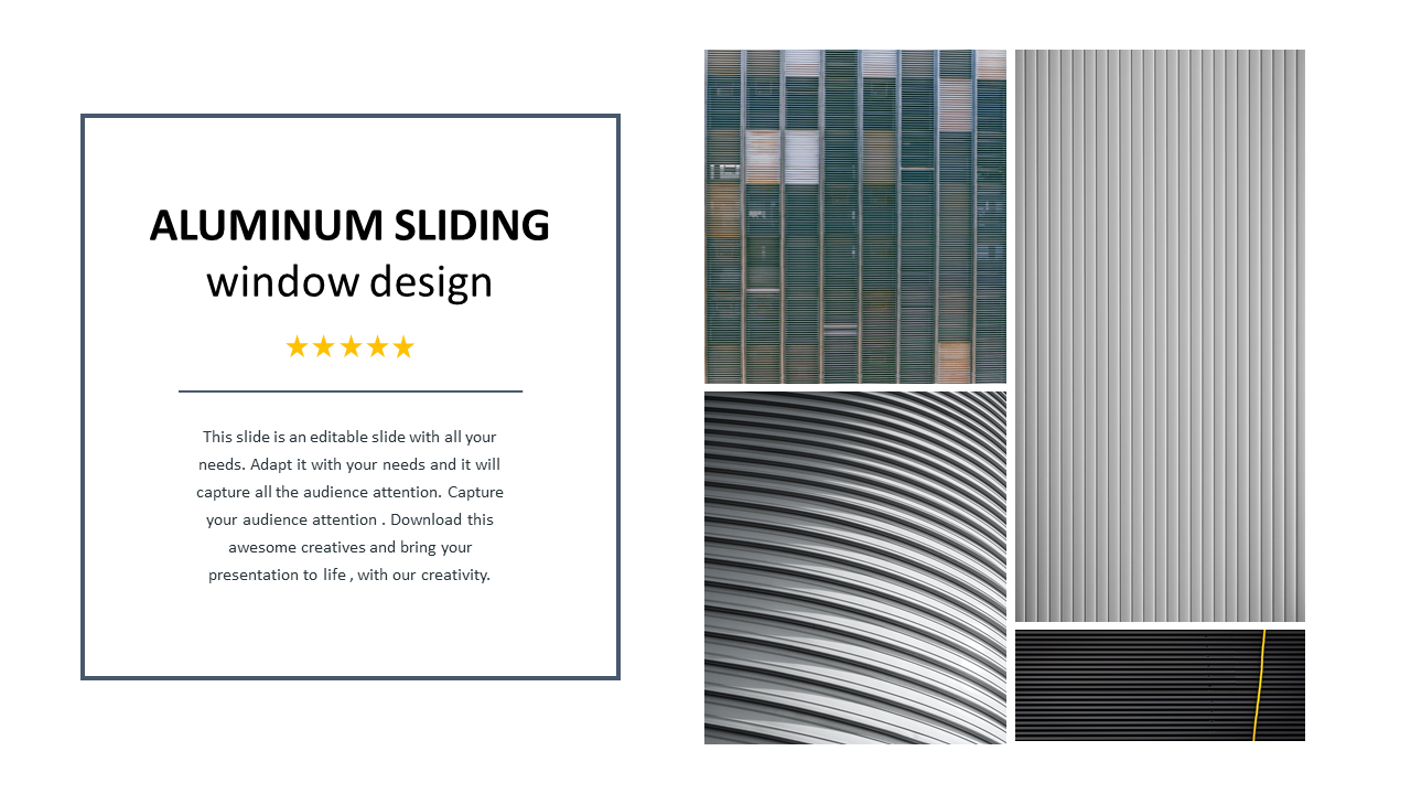 Collage of aluminum sliding window designs with vertical and curved panel patterns on the right with a caption area.