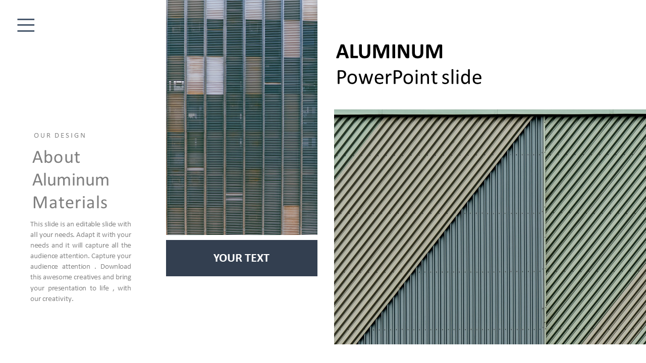 Modern aluminum panel designs displayed with a focus on vertical and slanted lines with a placeholder text area.