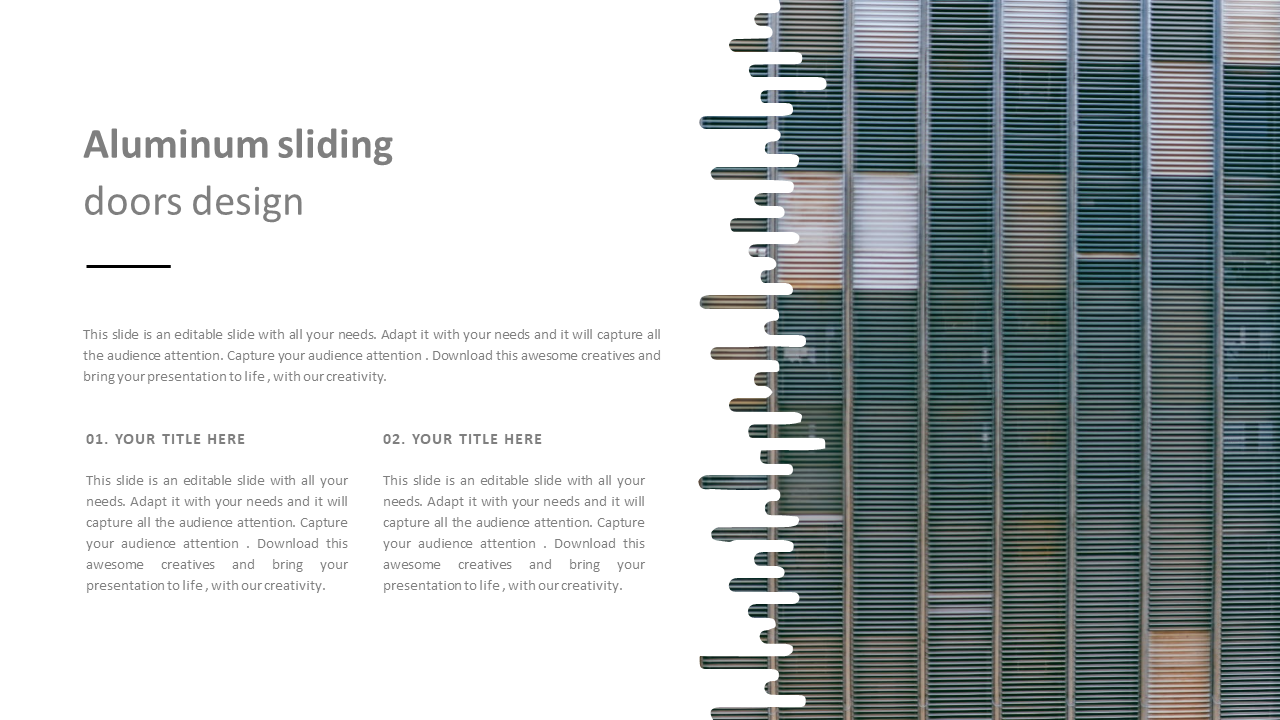 Aluminum sliding doors design template with a modern pattern on the right and text space on the left for details.