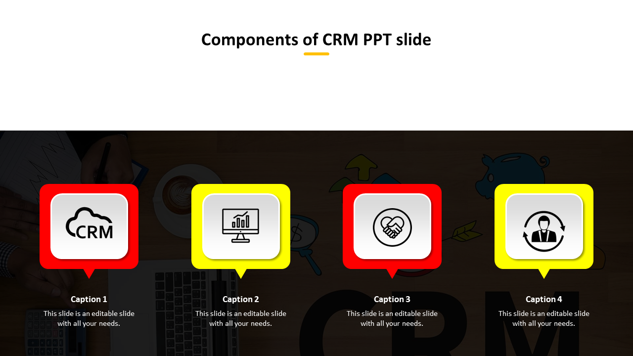 Components of CRM slide featuring icons for CRM, data analysis, client relations, and customer management with captions.