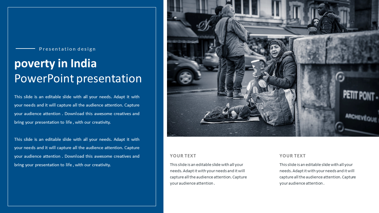 Blue and white slide with a monochrome image of a homeless person sitting on the street, holding a cup for donations.