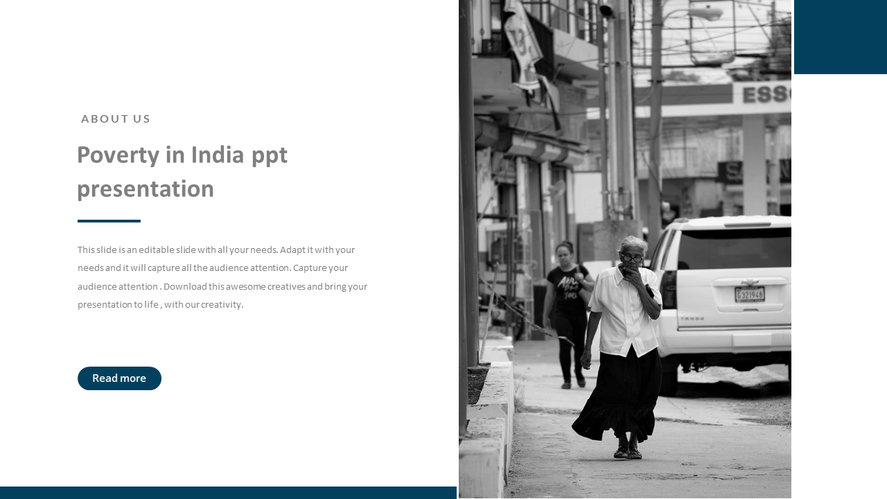 Poverty slide with text on the left and a monochrome photo of an elderly woman walking on a street beside a car.