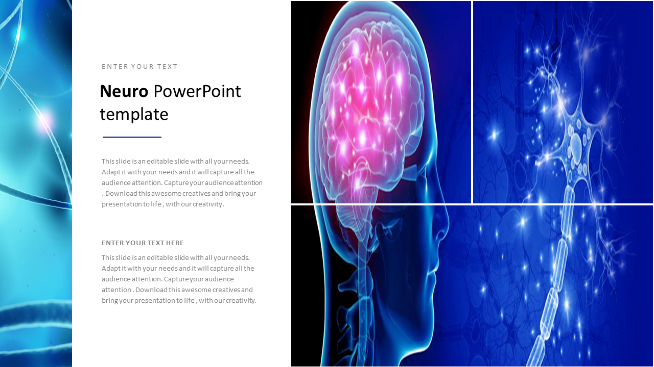 Head silhouette showcasing a glowing brain on the right, neuron networks on the left with placedholder text.