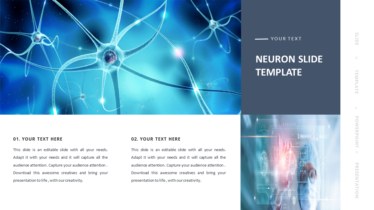 Split slide with neural network image on the left and digital health tech image on the right, with space for text.