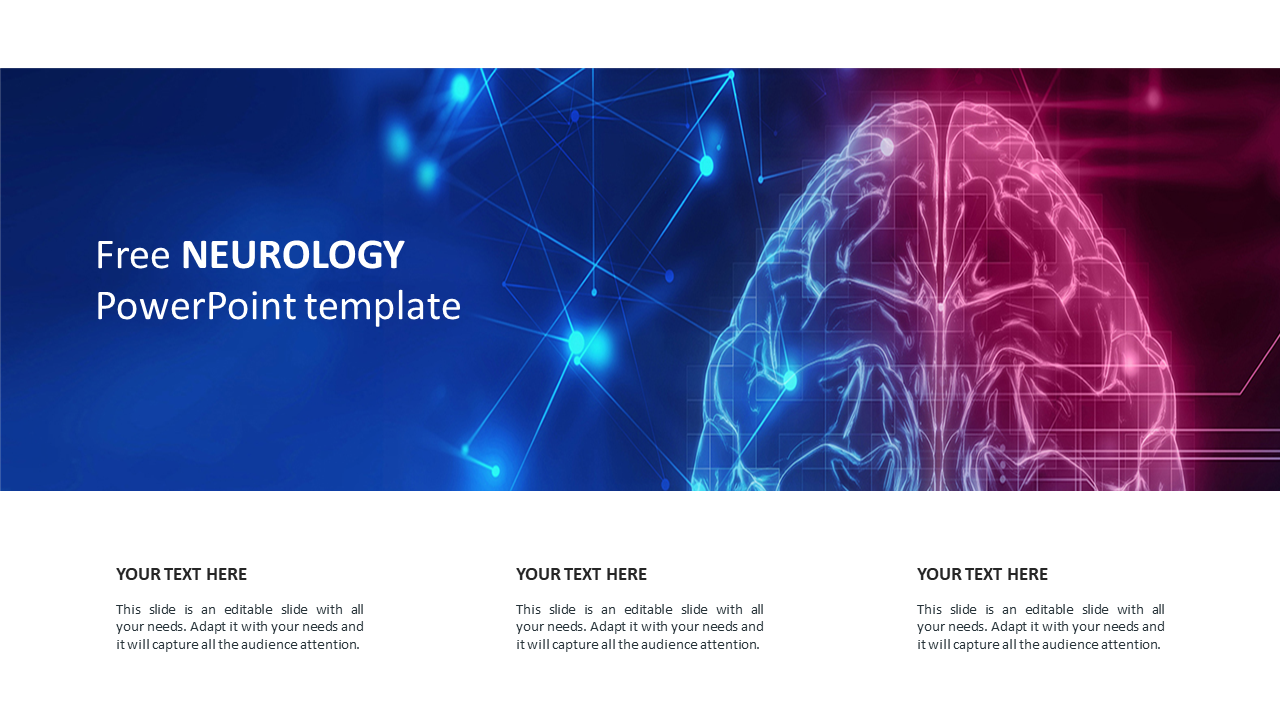 Slide with a human brain in the center, glowing with blue and pink hues and three text placeholders below.