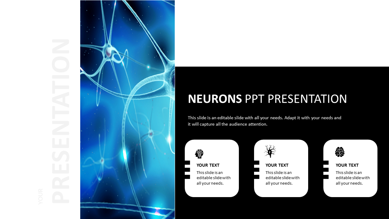 Blue neuron network background on the left, with black content area featuring three white boxes with icons.