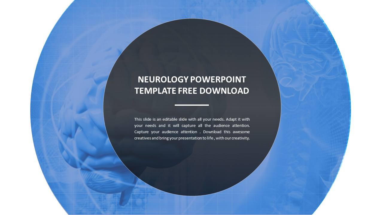 Neurology title slide with a blue background, brain image, and placeholder text in a black circle.