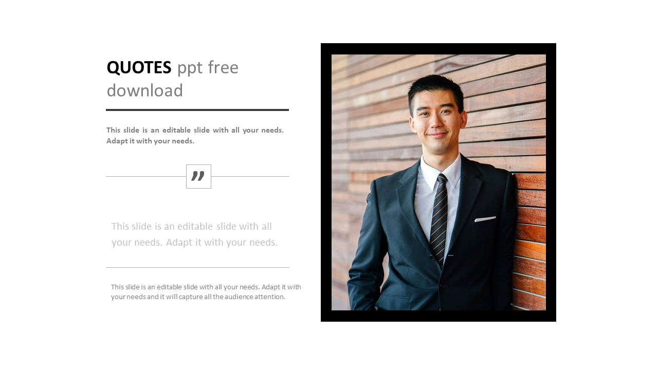 Quotes slide featuring placeholder text on the left and a professional man in a suit on the right.