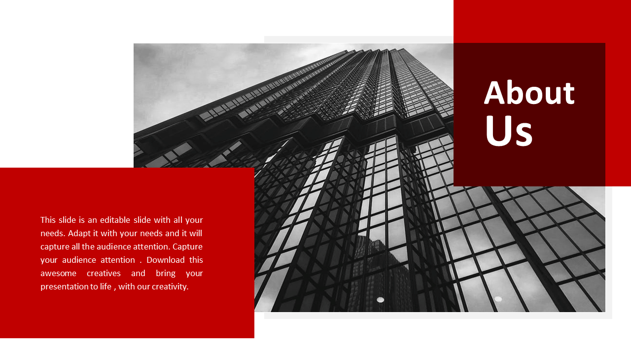 Black and white skyscraper photo with red and dark text boxes overlayed for an about us slide.