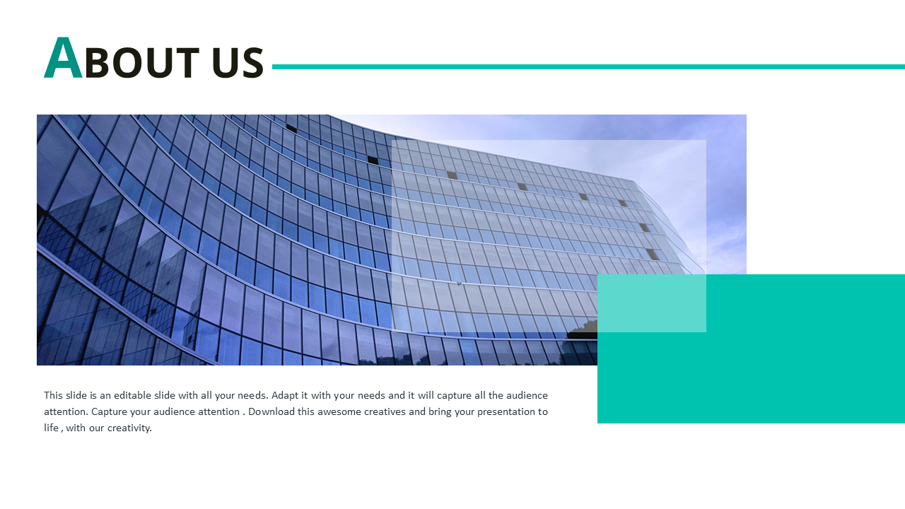 About Us PPT slide featuring a modern building background with a clean, professional layout and placeholder text.