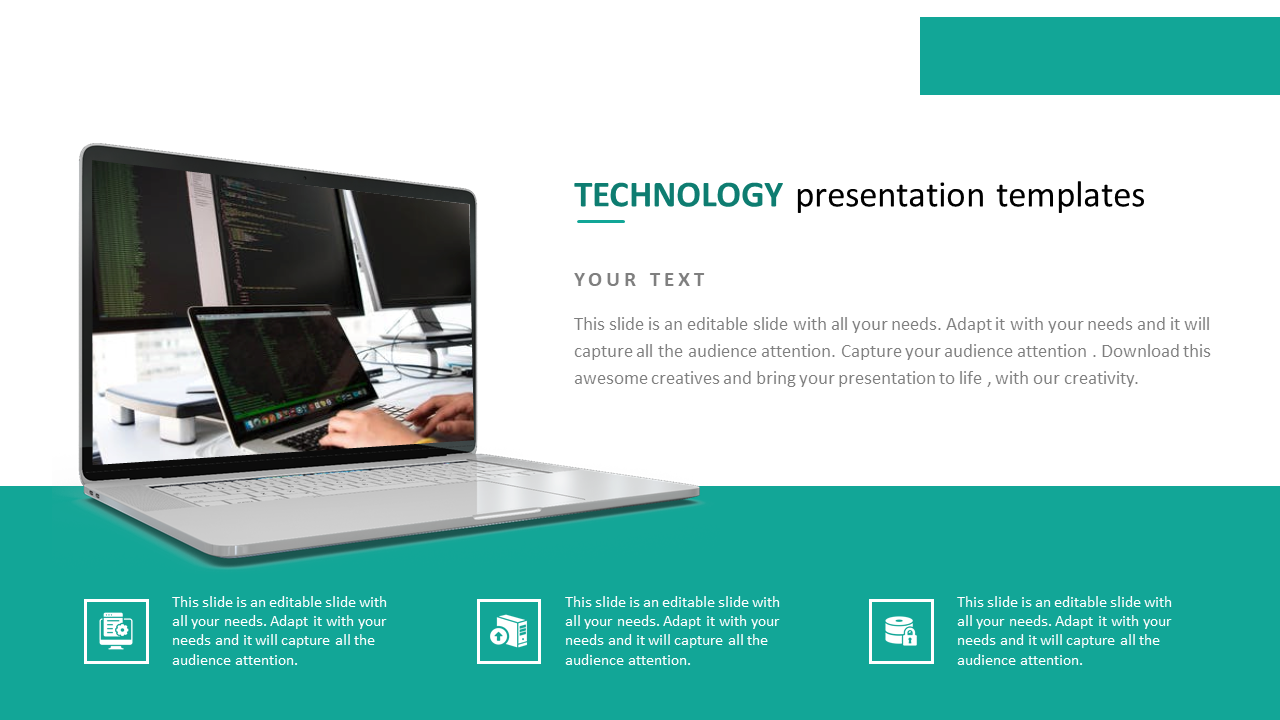 Technology focused PowerPoint slide featuring a laptop with programming code displayed on the screen with icons.