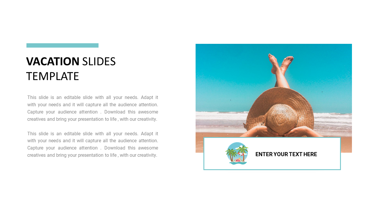 Vacation PPT slide featuring a person relaxing on a beach with a hat and a placeholder text on a white backdrop.