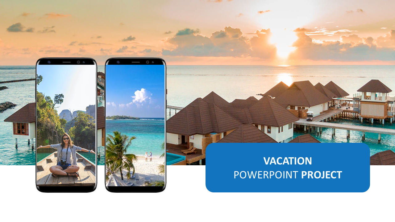 Overwater villas at sunset with two phone screens displaying tropical vacation photos, and a blue title box.