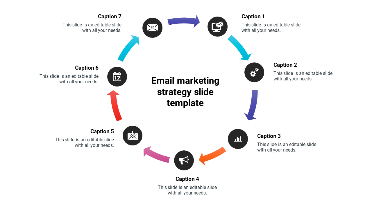 Circular infographic with seven icons representing steps in an email marketing strategy, connected by colorful arrows.