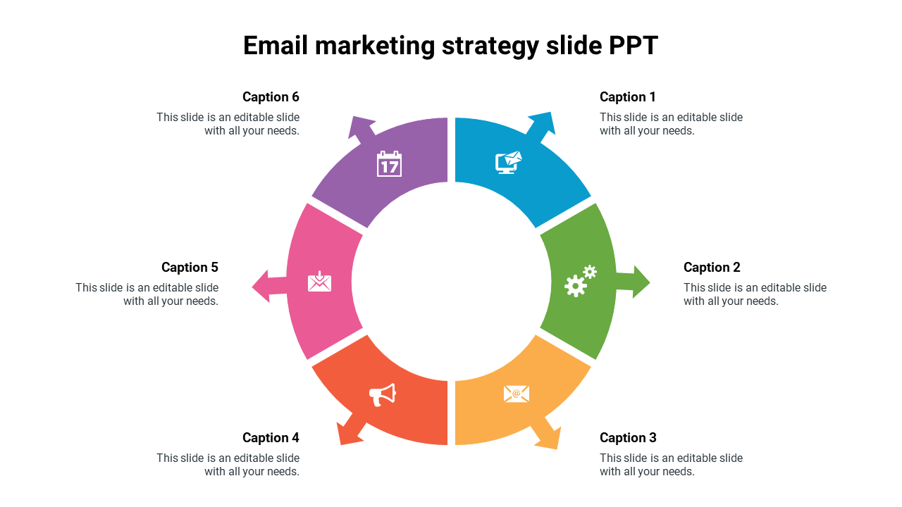 Email marketing strategy slide with a circular six step infographic, each section color coded with icons and captions.