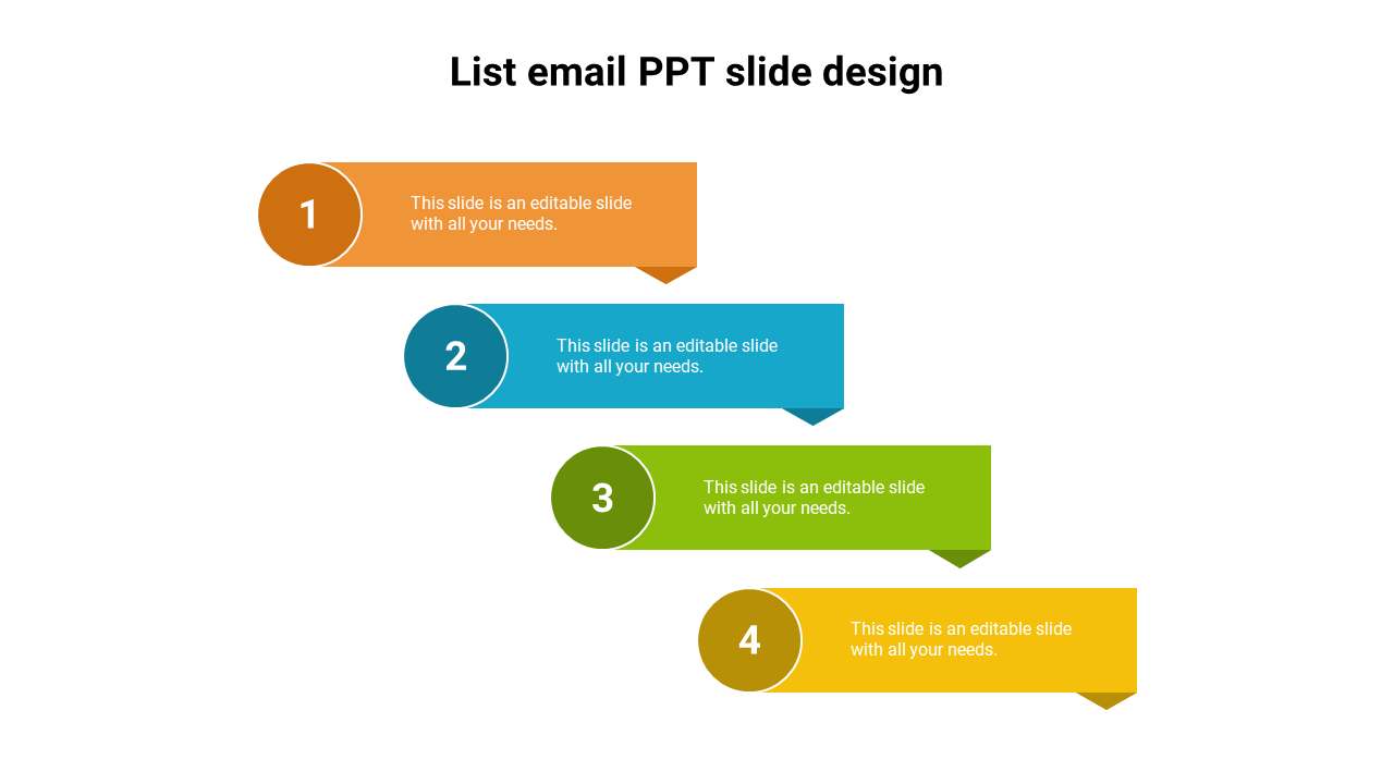 List slide design featuring four steps, with numbered labels and editable text in different colors.