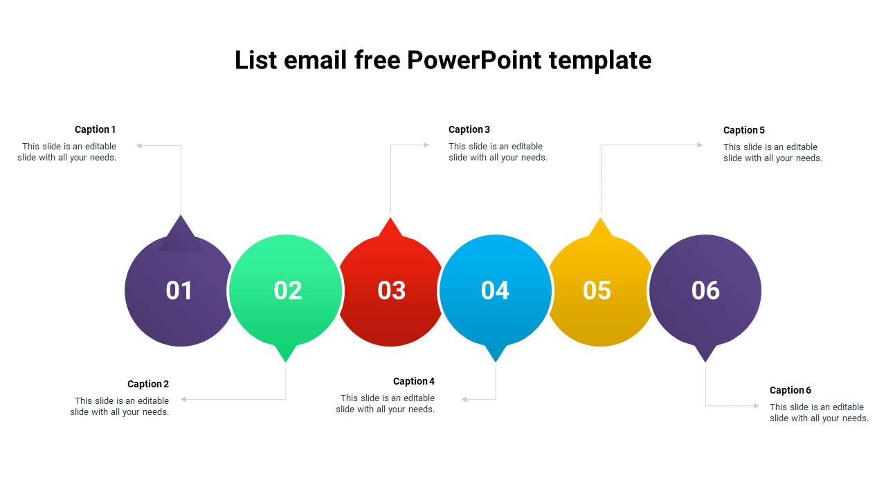 List email PowerPoint template with six colorful numbered bubbles, each having text fields.