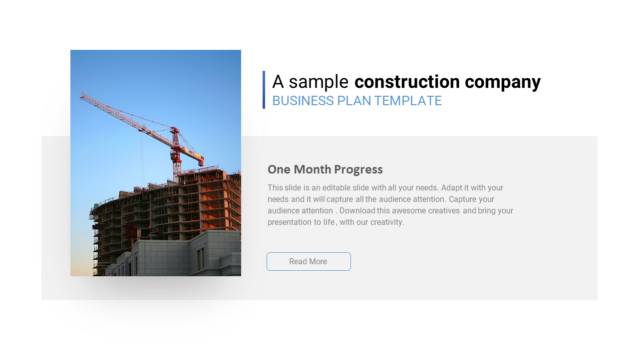 Construction company business plan slide showing a building under construction with a crane and a text section.