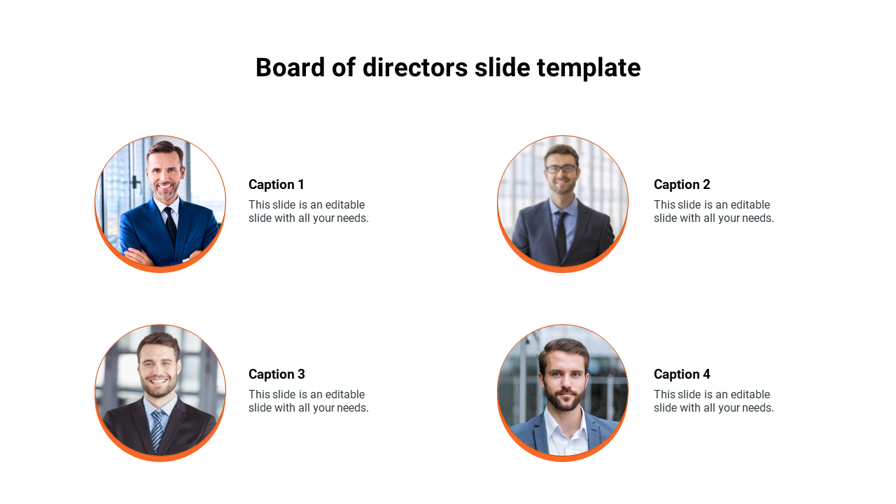 Board of directors template featuring four circular images of male executives in suits with placeholder captions.