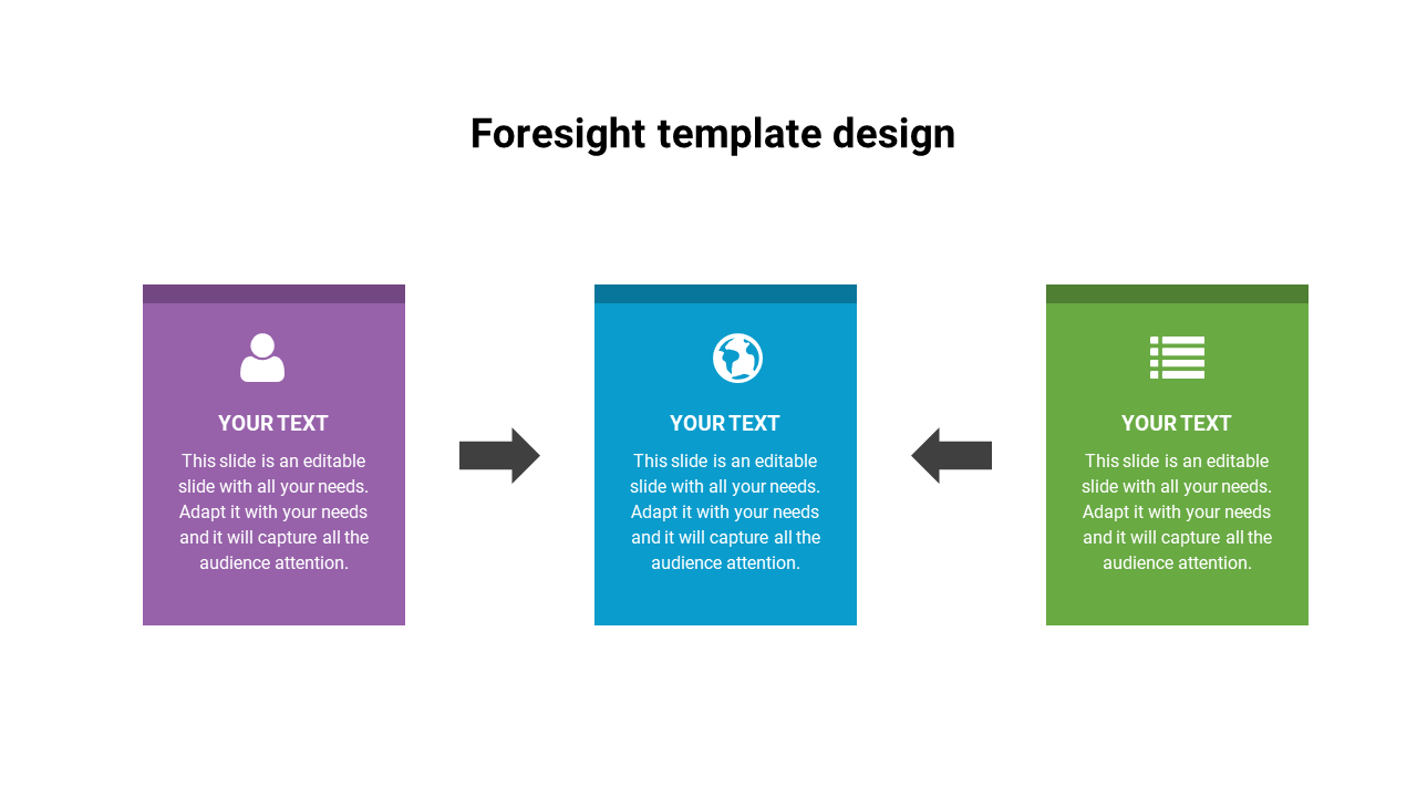 Foresight template with purple, blue, and green boxes linked by arrows, each with an icon and text area.