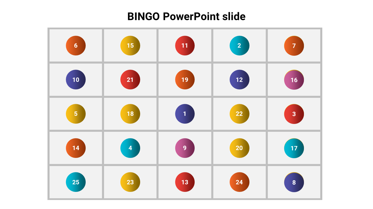 A 5x5 Bingo grid with colorful circles in each box, containing numbers ranging from 1 to 25 in various bright colors.