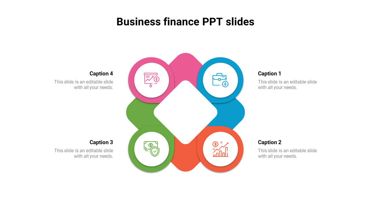 Four colored circles in pink, blue, green, and orange form a diamond layout, each with finance related icons.