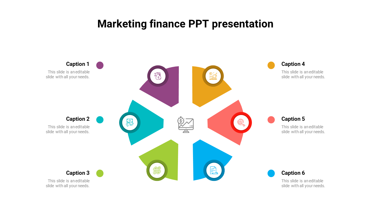 Colorful marketing finance slide featuring a circular layout with six caption sections and icons.