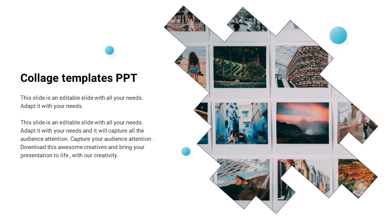 PowerPoint slide featuring a collage of images with a modern design and text placeholders.