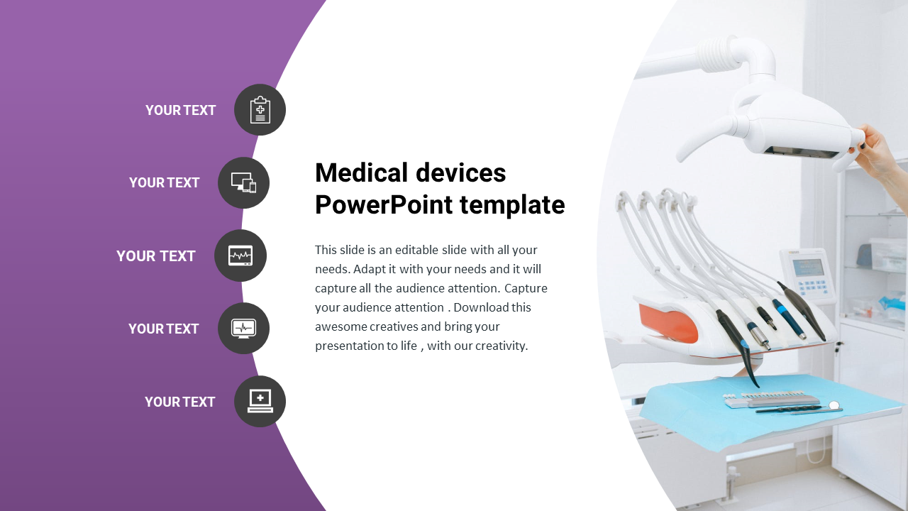 A split design with purple section featuring five icons and a white showing dental equipment in a clinic.