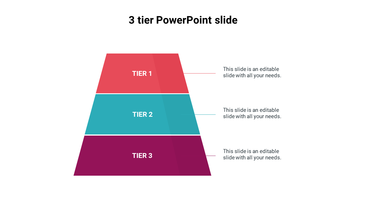 Three tier slide featuring colorful horizontal sections labeled tier 1, tier 2, and tier 3 with placeholder text.