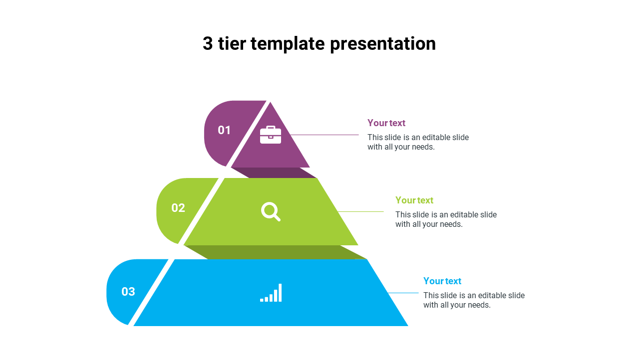 Three tier pyramid slide with sections in purple, green, and blue, each labeled with icons, numbers, and text areas.