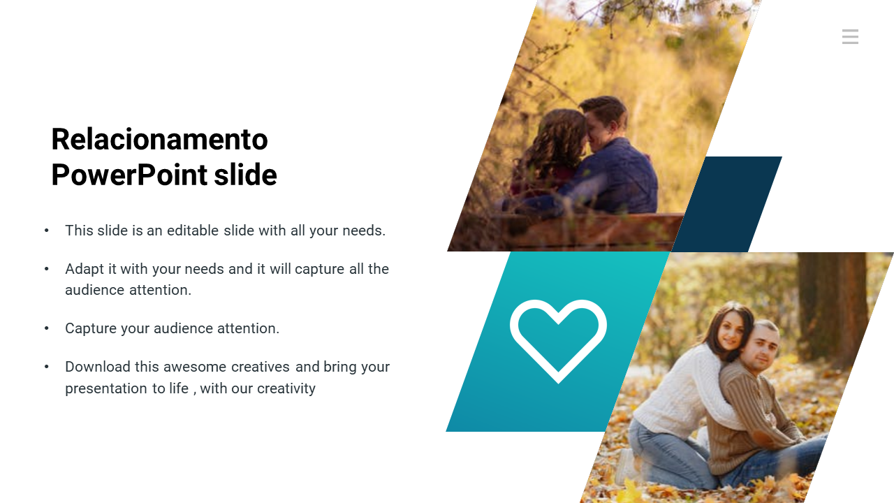 Relacionamento slide with two couple images on a white background, blue heart icon, and text section on the left.